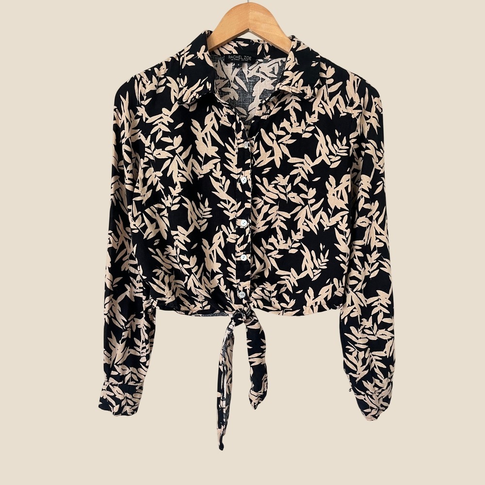 Rachel Zoe Womens Black Tan Botanical Leaf Print Crop Linen Blend Shirt Vacation